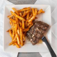 Steak Frites · 6oz flat iron steak with garlic herb compound butter and seasoned fries.