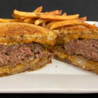 Patty Melt Burger · Half pound black angus beef burger, grilled onoins, american cheese on rye.