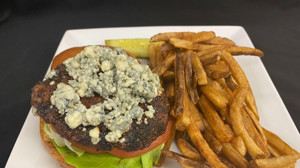 Black & Blue Burger · Half pound black angus beef burger, cajun seasoning and blue cheese crumbles.