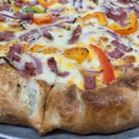 Lolo Wahine Hawaiian  · Three Cheese Blend, Ham, Bacon, Pineapple, Tomatoes, Sweet Bell Peppers and Sweet Onions wit...
