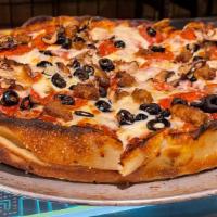 The Metal Head  (Double Stack Deep Dish) · Pepperoni, Black Olives, Mushrooms & Italian Sausage with Marinara and a Three Cheese Blend