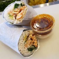 Baked Salmon Burrito · Seaweed wrapped, baked salmon, cucumber, avocado, crab, onion, spring greens, spicy mayo. Sp...