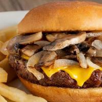 Shroom And Onion Burger · Beef patty, roasted mushrooms, grilled onions, mayo.