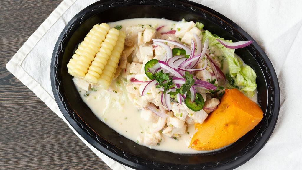 Ceviche · Fresh tuna prepared with limes, onions, spicy peppers, cilantro, marinated with lime juice and served with Peruvian corn.