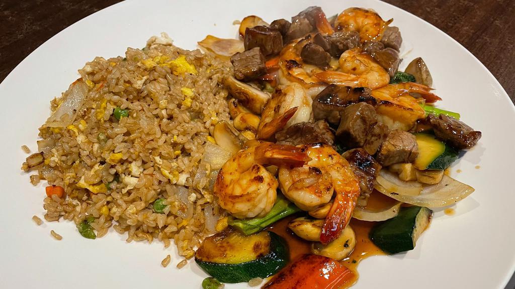 Hibachi Combo · Hibachi served with Mixed Veg and White or Brown Rice. Choose your protein.