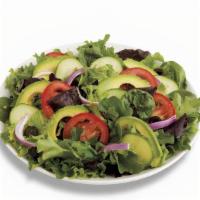 California Salad · mixed greens, avocado, red onions, crisp cucumber, tomatoes, black olives, with your choice ...