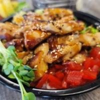 Teriyaki Chicken Bowl · Pan Seared Chicken Tender served with White or Brown Rice or Organic Salad and drizzled with...
