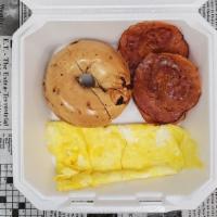 Breakfast Platter * · Double Scramble Eggs, Bagel with butter, Choice of meat (Ham, Bacon, Sausage)