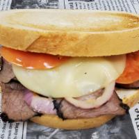 Jersey Joe · Hot roast beef, melted provolone cheese, horseradish, tomato and onion on sourdough bread or...