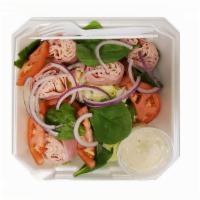 Chef Salad · Turkey & ham rollups cheese lettuce tomato spinach & onion with your choice of dressing.