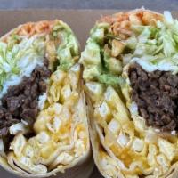 Korean California Burrito · Stuffed with Fries, Bulgogi Beef, Lettuce, Avocado, Fried Egg, Kimchi, Cheese and Choice of ...