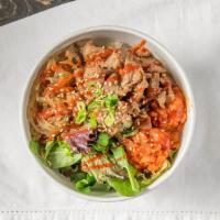 Spicy Pork Rice Bowl · Traditional Spicy Marinated Diced Pork.