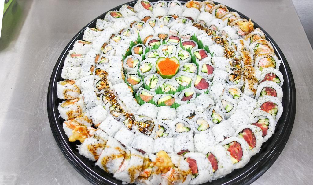 House Roll  A (12 Rolls) · Shrimp tempura rolls , tuna avocado, salmon avocado, spicy tuna, spicy salmon, eel cucumber, scallop, yellowtail, cali roll, trio roll,  phily roll