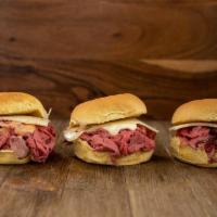 Roast Beef Slider Trio · 3 Roast Beef Sliders.  Choose your cheese and sauce for each!