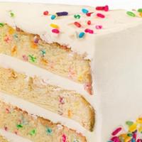 Confetti Cake · Vanilla cake with rainbow sprinkles baked in, filled & iced with velvety vanilla buttercream...