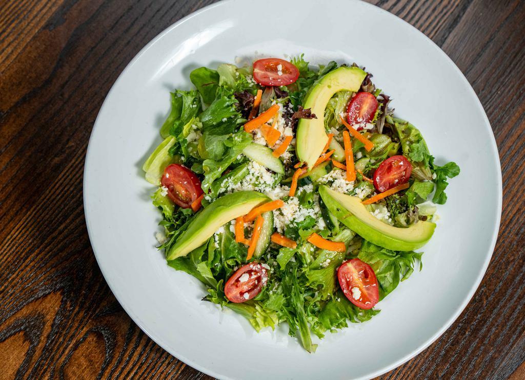 Mexican Salad · Mixed greens, sliced avocados, tomatoes, red onions, cucumbers, queso fresco, and home-made Mexican vinaigrette dressing.