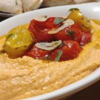 Calabrese Hummus (Spicy) · Spicy. Calabrese infused hummus, charred tomatoes, flatbread.