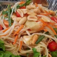 Papaya Salad · Gluten free. Hand shredded papaya, fresh chili, green bean, cherry tomatoes, palm sugar and ...