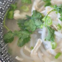 White Elephant Noodle Soup · Homemade cut rice noodles, chicken ,onions, scallions, roasted garlic oil and topped with bl...