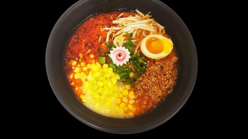 Spicy Ground Pork Ramen ( Tantanmen W. Soup) · Ground pork, fish cake, bean sprout, corn, green onion, soft boiled egg, nori, in soy sauce base w. spicy chili oil, and sesame tahini.