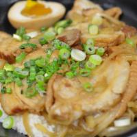 Char Siu Donburi · Sliced char siu pork, onion simmered chef special sauce over white rice with green onion and...