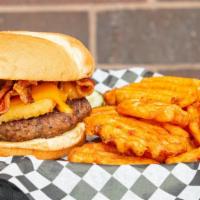 Cheese Curd Bacon Burger · Served with French fries.