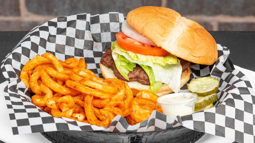 California Burger · Served with Lettuce, Tomato, Raw Onions and French fries.