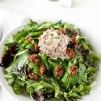Oaklawn Chicken Salad · Chicken salad with walnuts, apples and tarragon on a bed of Francis and Thatcher spring mix ...