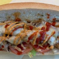 Spicy Chicken Sub · Chicken breast, provolone cheese, caramelized onion, grilled mushroom, lettuce, tomatoes, ma...