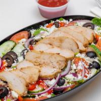 Greek Salad · Chicken breast, romaine lettuce, cucumber, red onion, green pepper, kalamata olives, tomatoe...