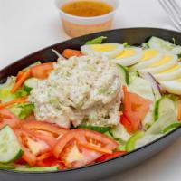 House Salad · Lettuce, tomatoes, cucumber, red onion, green pepper, carrot, boiled egg w/chicken salad, tu...