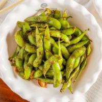 Garlic Spiced Edamame / 蒜蓉⽑⾖ · Soy beans stir-fried with scallions, garlic, and black pepper.