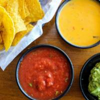 Trio For 4 · 8 oz of each ,guacamole, queso & fresh salsa for 4 people served with tortilla chips