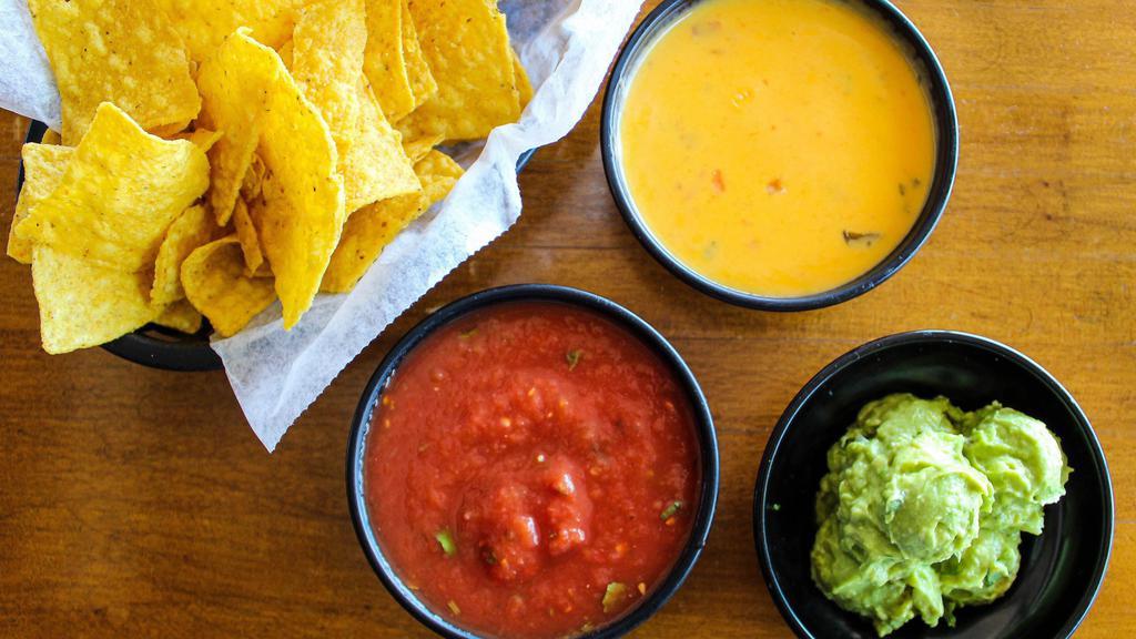 Trio For 4 · 8 oz of each ,guacamole, queso & fresh salsa for 4 people served with tortilla chips