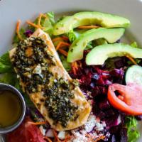Salmon Chimichurri & Beet Salad · Gluten free. Grilled salmon topped with chimichurri, beets, goat cheese & avocado served wit...