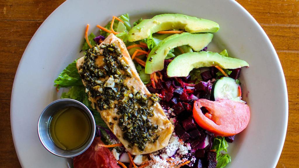 Salmon Chimichurri & Beet Salad · Gluten free. Grilled salmon topped with chimichurri, beets, goat cheese & avocado served with shallot vinaigrette.