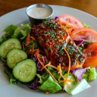 Chipotle Salmon Salad · Gluten free. Salmon broiled in chipotle sauce served with our chipotle ranch dressing.