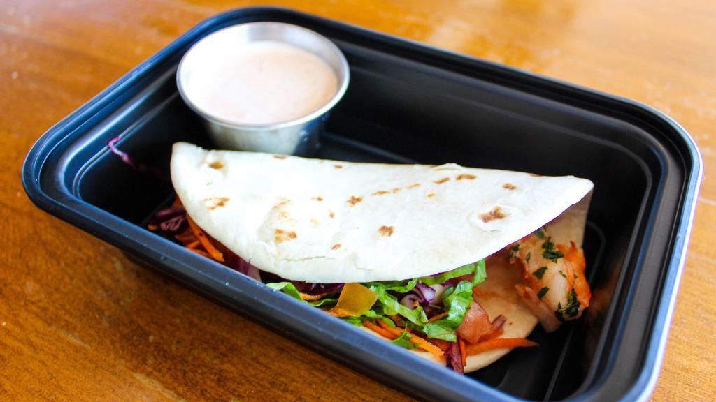 Shrimp Tacos · Shrimp with lettuce, cabbage & carrots served with a side of a house made chipotle ranch.