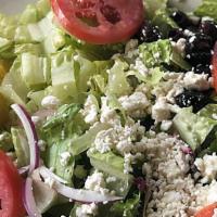 Mediterranean Salad · Romaine lettuce and spring mix topped with Kalamata olives, red onions, feta cheese, cucumbe...