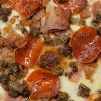Meat Lovers Pizza · Mozzarella, ham, pepperoni, Italian sausage and sliced meatballs.