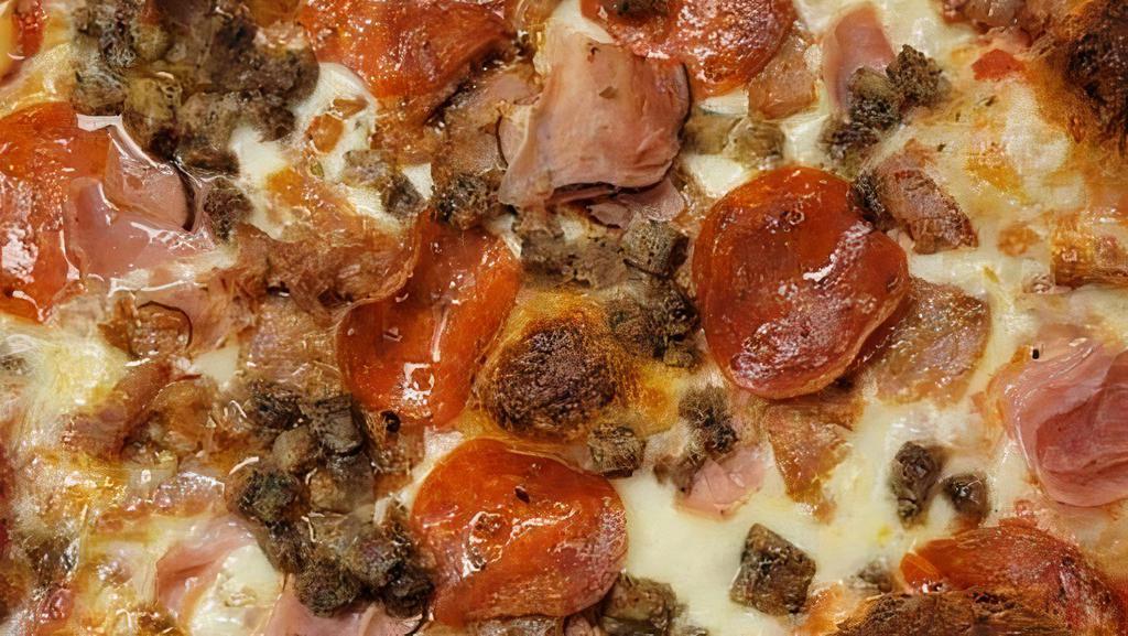 Meat Lovers Pizza · Mozzarella, ham, pepperoni, Italian sausage and sliced meatballs.