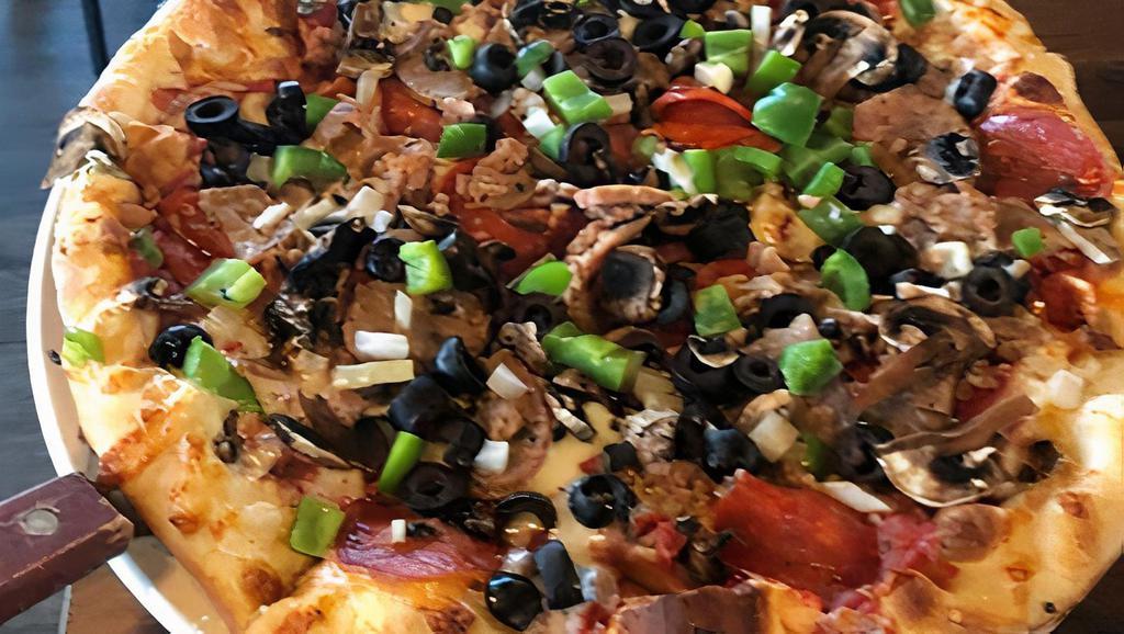 Supreme Pizza · Mozzarella, pepperoni, Italian sausage, mushrooms, onions, green peppers, and black olives.