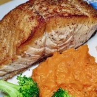 Grilled Salmon · With sweet potato mashed potato and vegetables