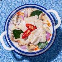 B2 Tom Kah* · Thai style hot and sour soup with coconut milk, lemongrass, galangal, lime leaf, chilli past...