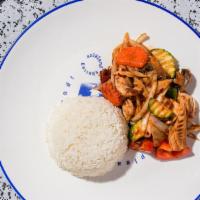 C4 Cashew Chicken* · Stir fried chicken with roasted cashew nuts, bell peppers, onions, carrots and mushroom in c...