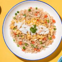 D2 Crab Fried Rice · Jasmine rice stir-fried with egg, onions, peas-carrots, tomatoes in house soy sauce.
