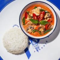 F5 Panang Curry** · Panang curry paste, coconut milk, carrots, mushrooms, bell peppers and basil.