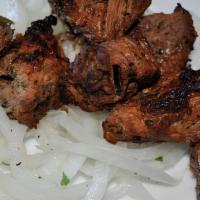 Beef Kebabs · Serve with: Basmati Rice, Chana Masala & Naan Bread.

Halal. Chunks of beef pieces mixed wit...