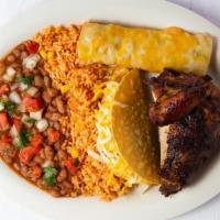 #3. 1/4 Rotisserie Chicken, Enchilada & Taco · Served with rice & beans, sour cream and pico de gallo.