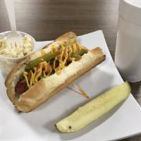 Chicago Dog · 1/4 lb. all beef hot dog, green relish, diced tomato, onions, sport pepper, mustard and cele...